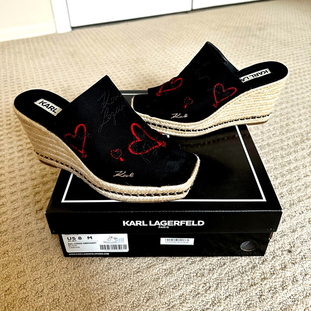 Karl Largerfeld Paris Corissa Embroidered Canvas Women’s Wedge Sandals